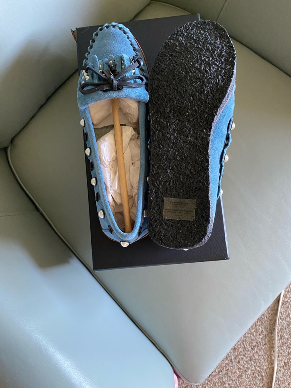 Coach Blue Suede Studded Pearl Trim Loafers - Picture 3 of 5